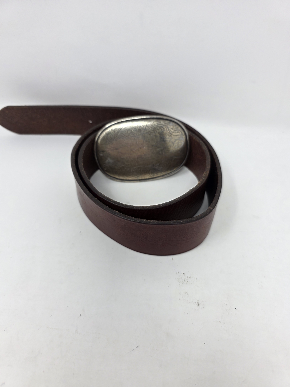 Abercrombie & Fitch Vtg Brown Leather Western Belt Oval Engraved Buckle Size S